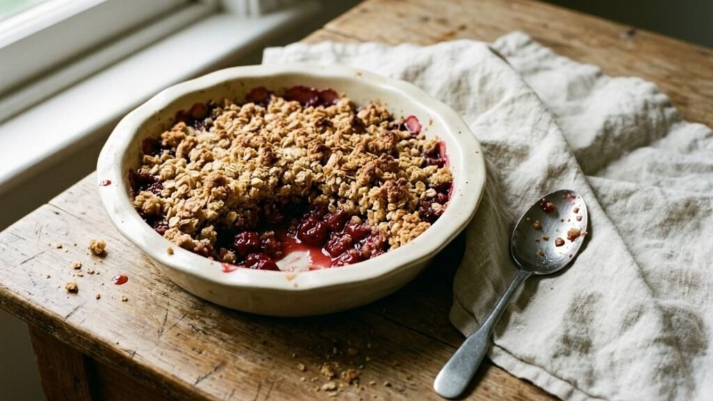 Golden oat crumble topping over bubbling cherries in a ceramic baking dish.