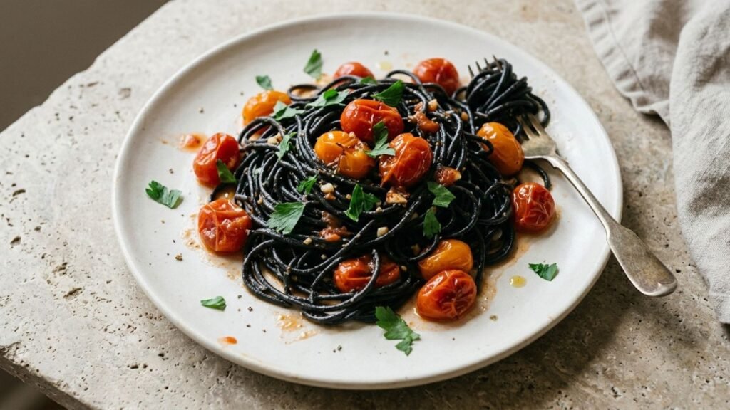 Black squid ink spaghetti with softened red cherry tomatoes and fresh parsley.