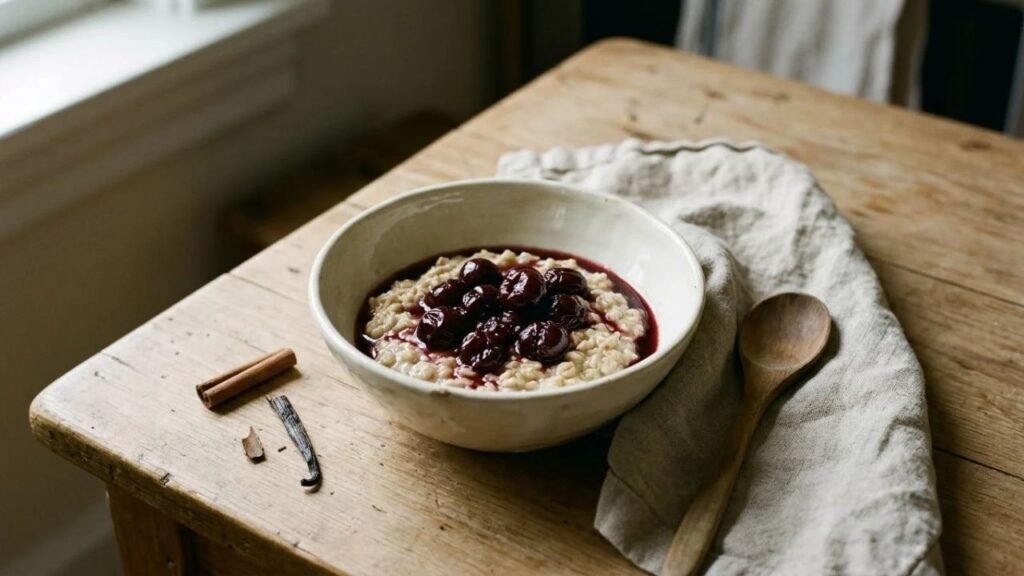Bowl of oatmeal topped with dark cherry compote and a cinnamon stick beside it.