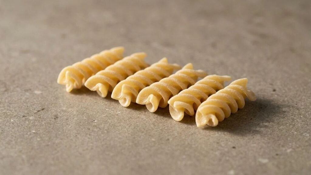 Golden wheat rotini beside darker brown whole-wheat rotini on a stone surface.