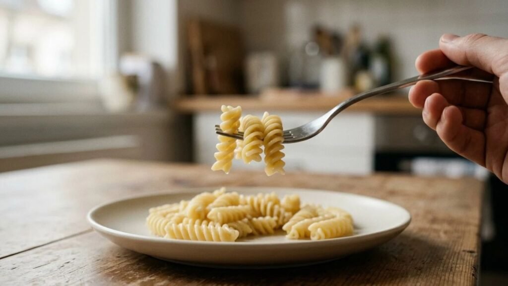 A fork lifts several cooked rotini spirals above a plain ceramic plate.