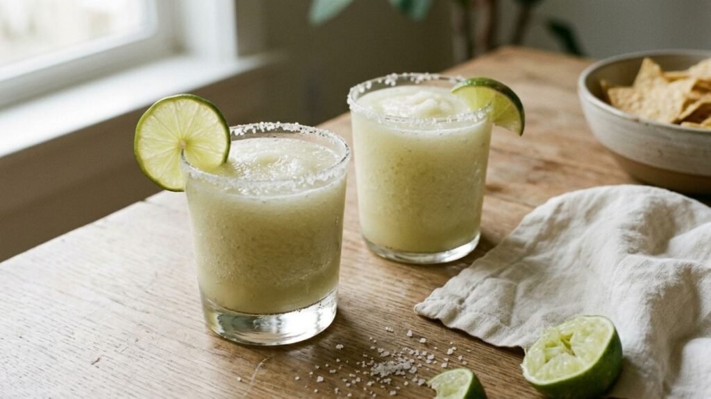 Two creamy frozen margaritas garnished with lime and served in salted glasses.