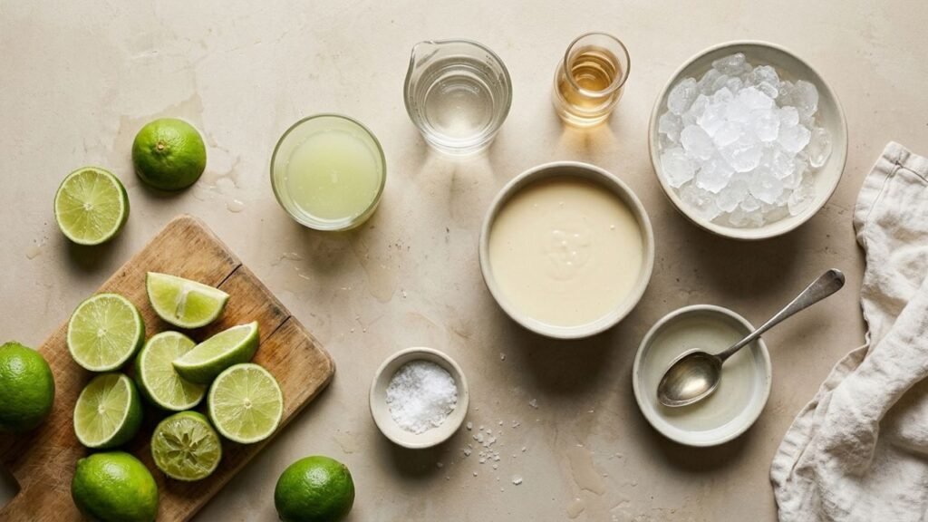 Limes, tequila, orange liqueur, condensed milk, crushed ice, and salt arranged for a frozen margarita.