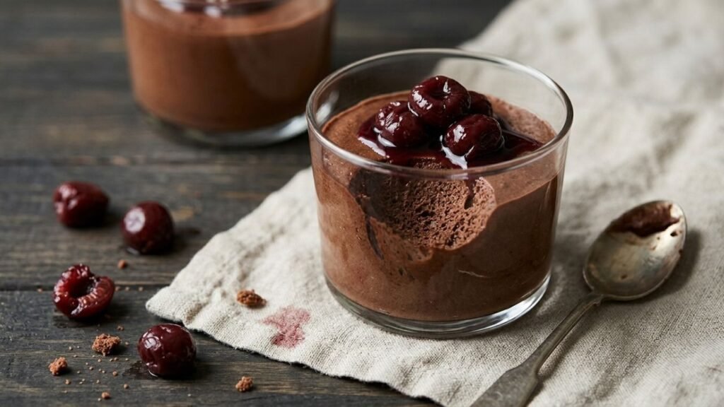 Dark chocolate mousse in a glass topped with cooked cherries.