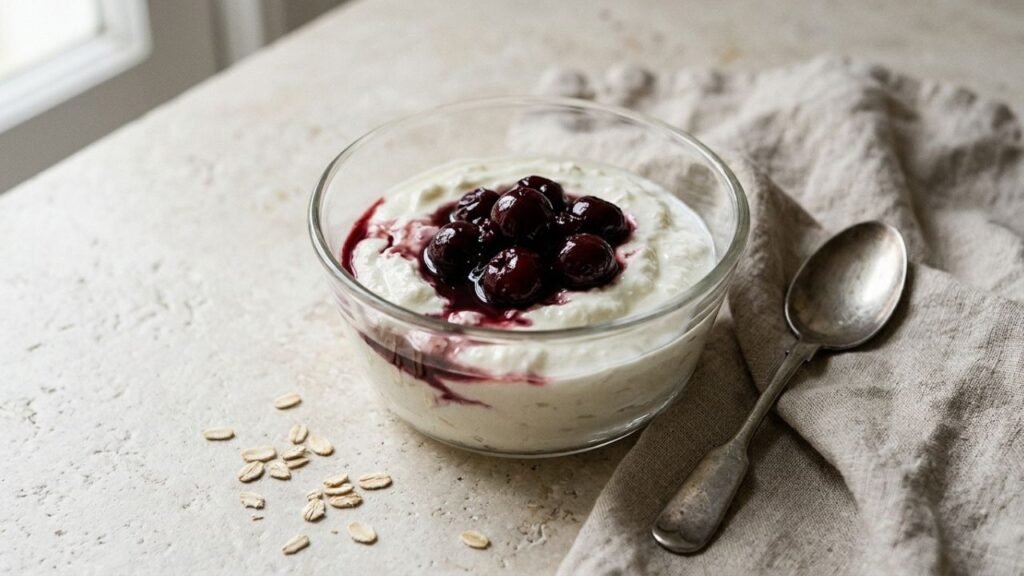 Dark cherry compote spooned over plain Greek yoghurt in a glass bowl.