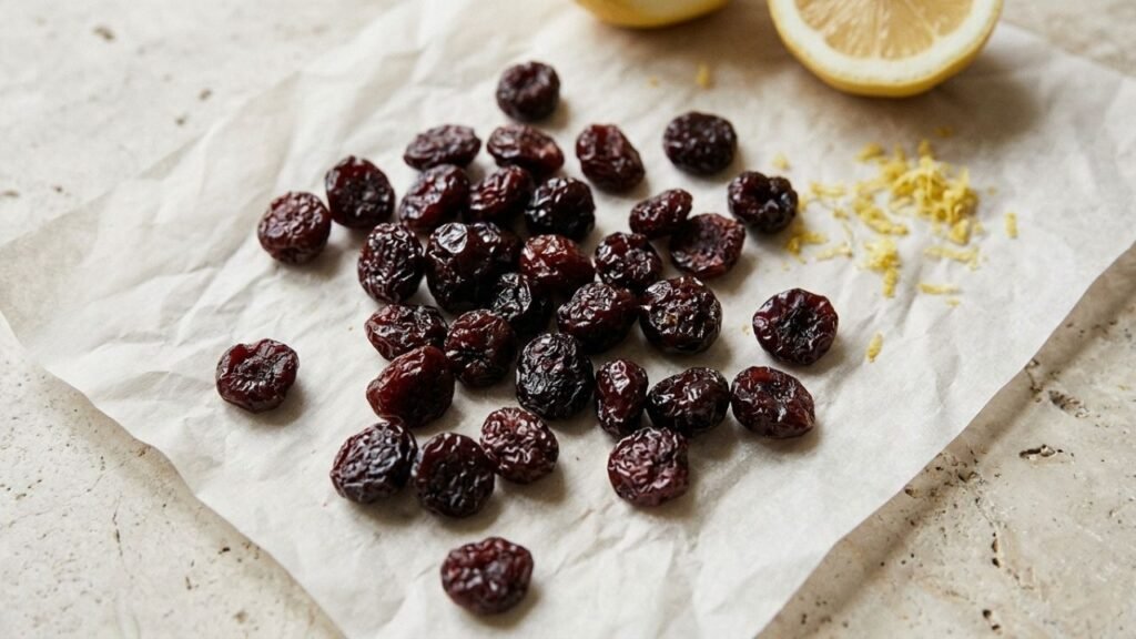 Wrinkled dried cherries scattered beside lemon zest on a pale surface.