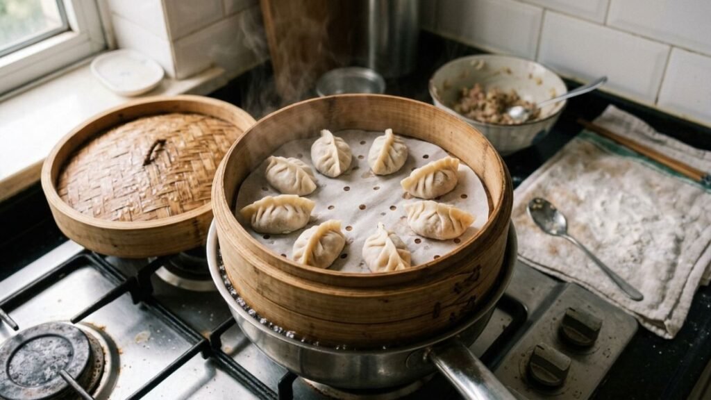 Steamed dumplings spaced apart inside a lined bamboo steamer.