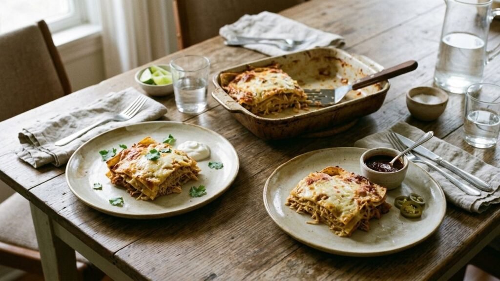 Two servings of enchilada casserole, one accompanied by a separate dish of hotter chile sauce.
