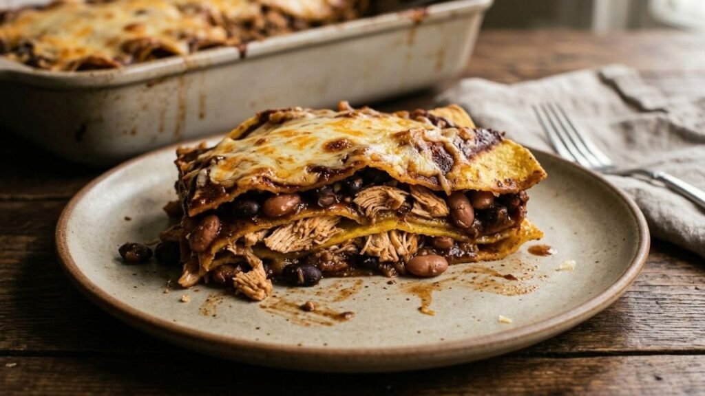 Close view of an enchilada casserole showing tortilla, seasoned filling, chile sauce, and melted cheese.
