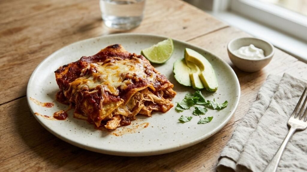 Enchilada casserole served with lime, avocado, fresh herbs, and a small creamy accompaniment.