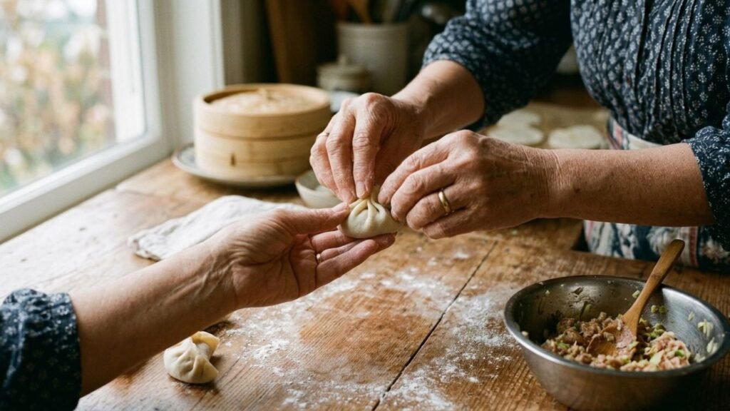 Hands folding a filled round dumpling wrapper into a sealed half-moon shape.