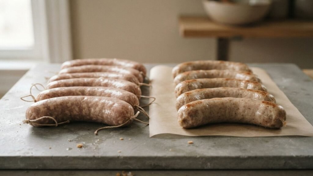 Two groups of similar-looking bratwurst links representing fresh and precooked sausages.