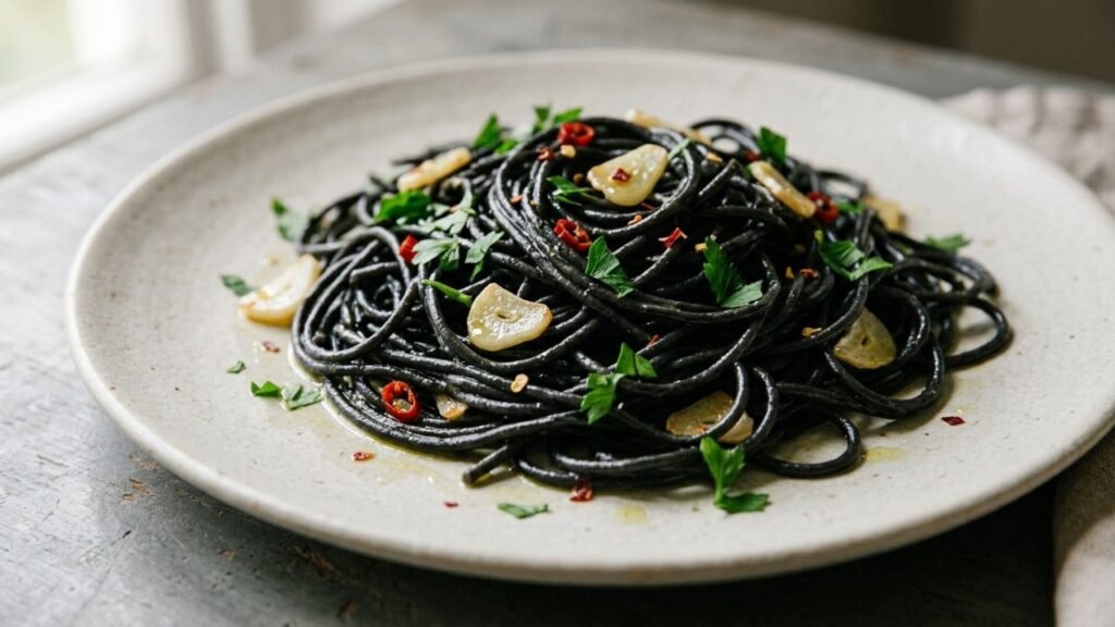 Black squid ink spaghetti with olive oil, garlic, red chilli flakes and parsley.