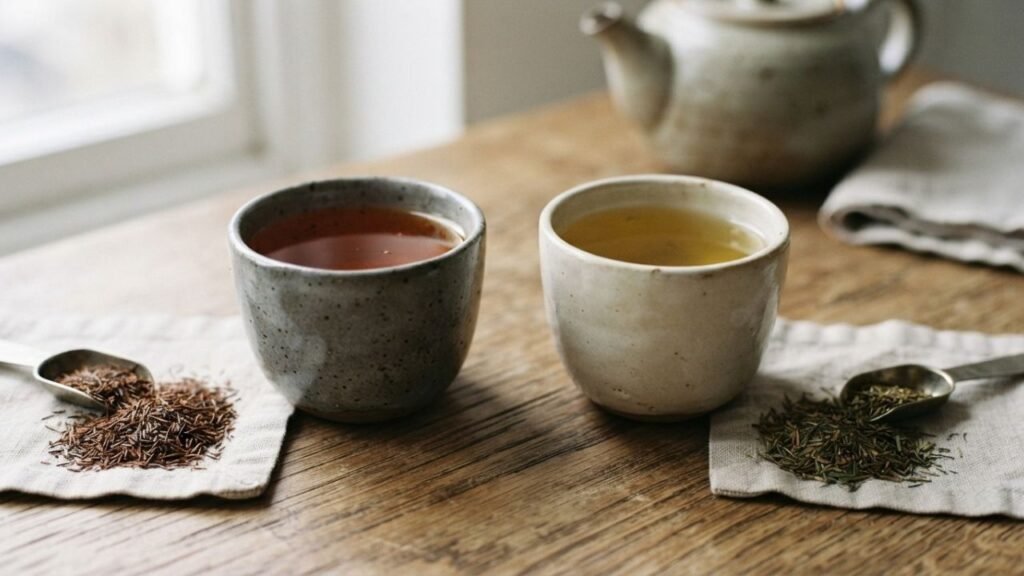 Two cups of rooibos infusion in different shades, with dried green and red rooibos beside them.