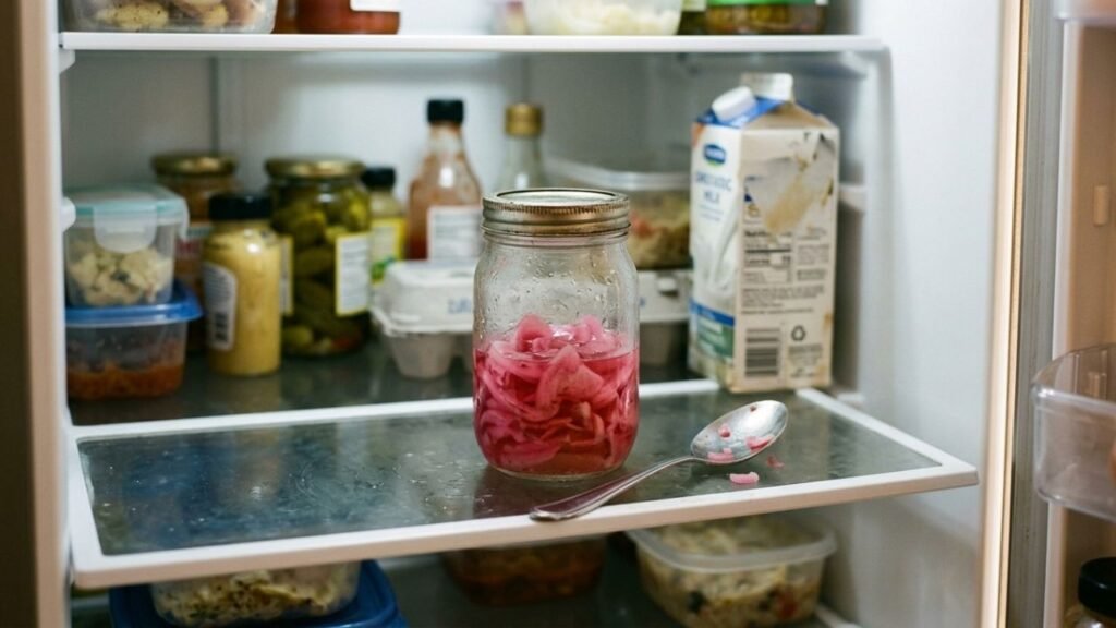 Half-full jar of pink pickled onions on a refrigerator shelf.