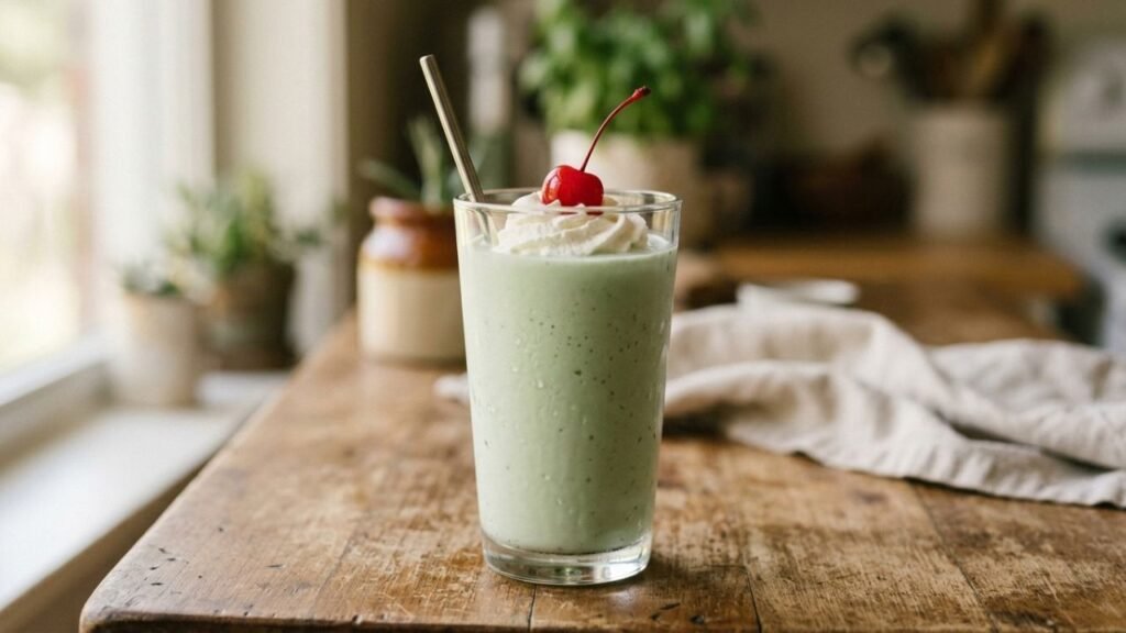 Pale green milkshake topped with a small amount of whipped cream and one cherry on a wooden table.
