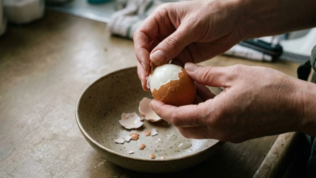 Hands carefully peeling the shell from a cooled soft-boiled egg over a kitchen bowl.