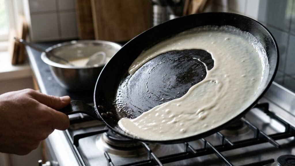 Thin pancake batter spreading across a tilted frying pan.