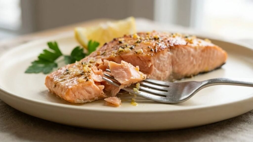 A fork separates the moist, opaque flakes of a baked salmon fillet.