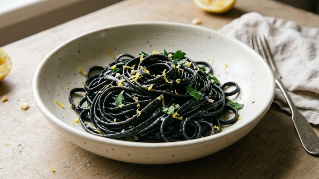 Black squid ink linguine coated in lemon butter and topped with parsley and lemon zest.