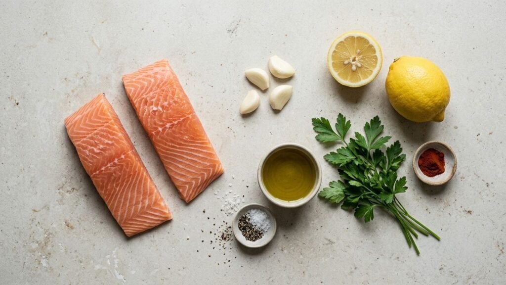 Two raw salmon fillets beside a lemon, garlic cloves, olive oil, salt, pepper, and chopped parsley.