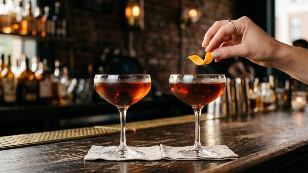 Two Manhattan cocktails, one garnished with a cherry and the other with an orange peel.