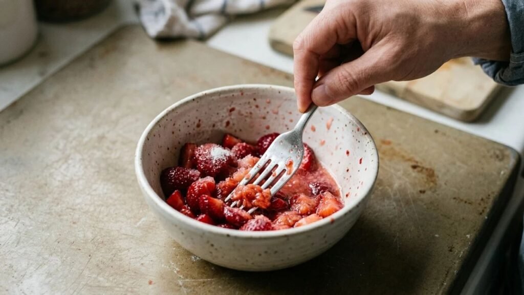 A fork mashes chopped strawberries into a juicy mixture in a small bowl.