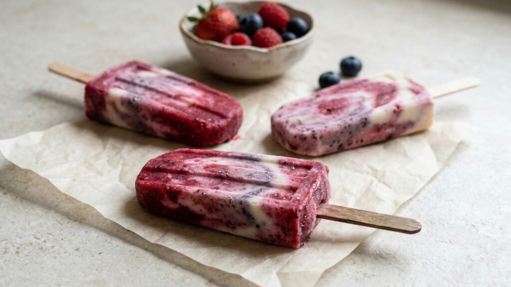 Berry and yoghurt popsicles with visible red, purple, and white swirls.