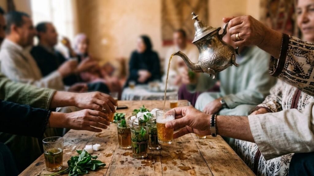 Moroccan mint tea being poured for people gathered around a table.