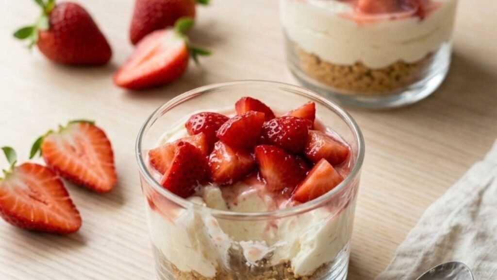 Strawberry cheesecake cups with biscuit crumb bases, creamy filling, and chopped strawberries.