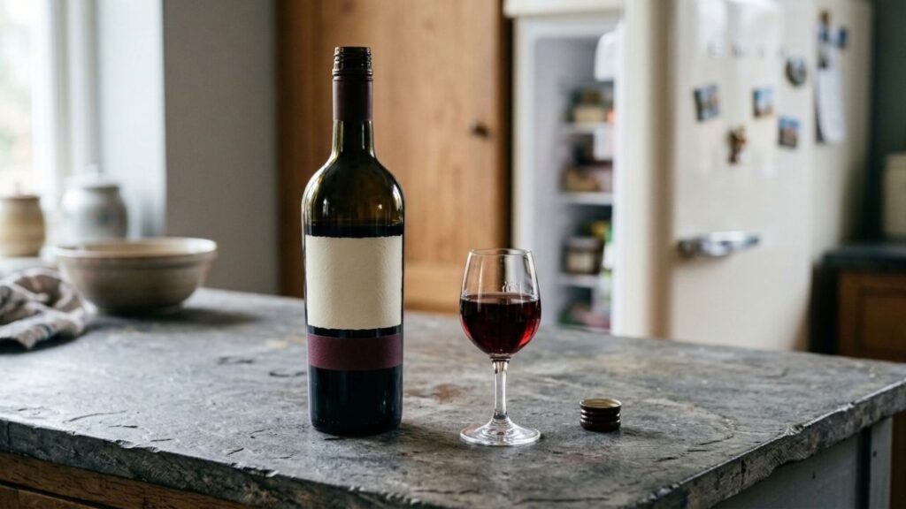 Opened bottle of sweet red vermouth beside a small glass of ruby-red vermouth on a cool stone kitchen surface.