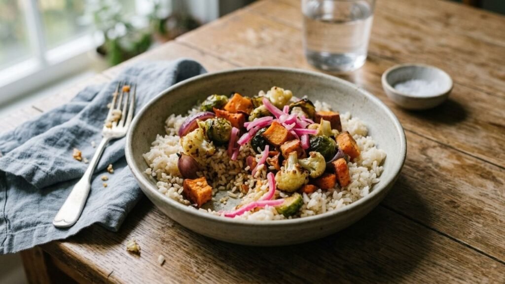 Pink pickled onions served over a bowl of rice and roasted vegetables.