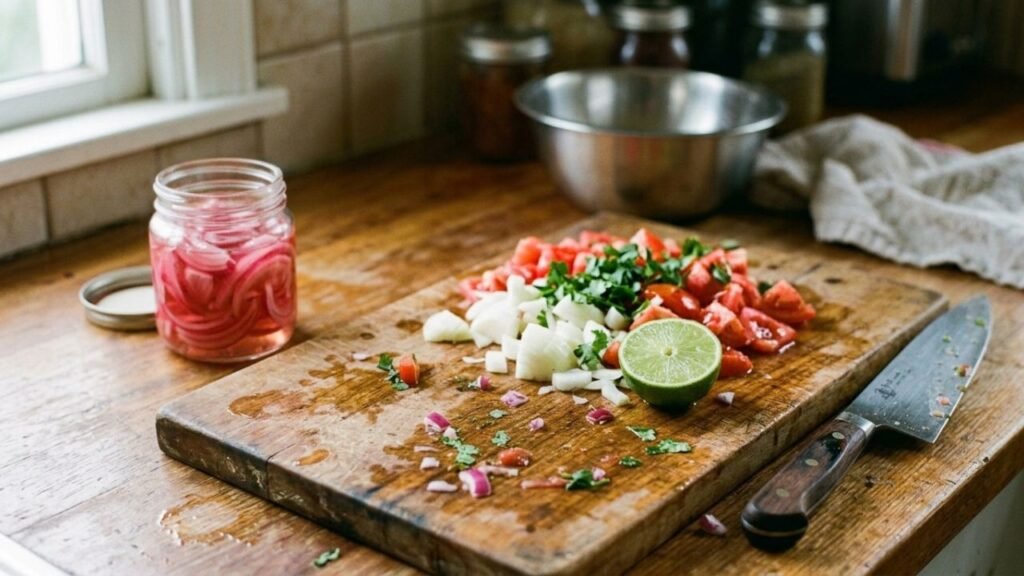 Jar of pink pickled red onions beside chopped tomatoes, onion, cilantro and lime on a wooden cutting board.