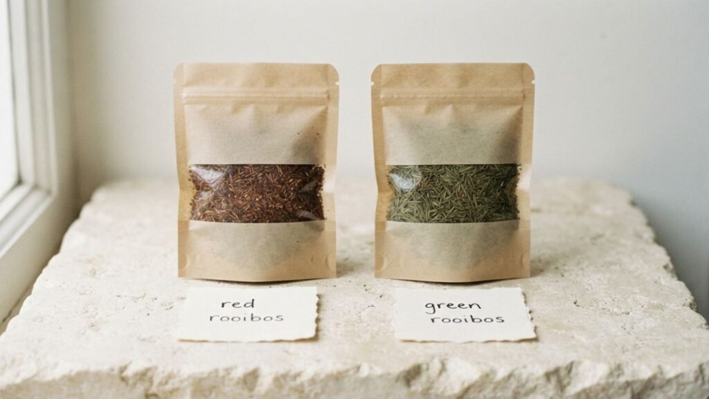 Two plain samples of rooibos, one reddish-brown and one green, displayed side by side.