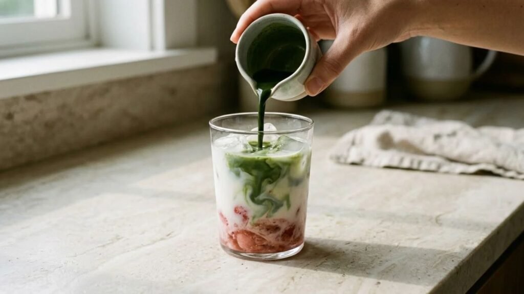 Green matcha being poured over a spoon into a glass of iced milk and mashed strawberries.