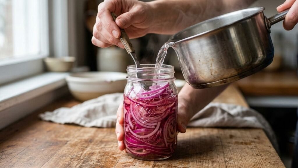 Warm pickling liquid being poured over sliced red onions in a glass jar.