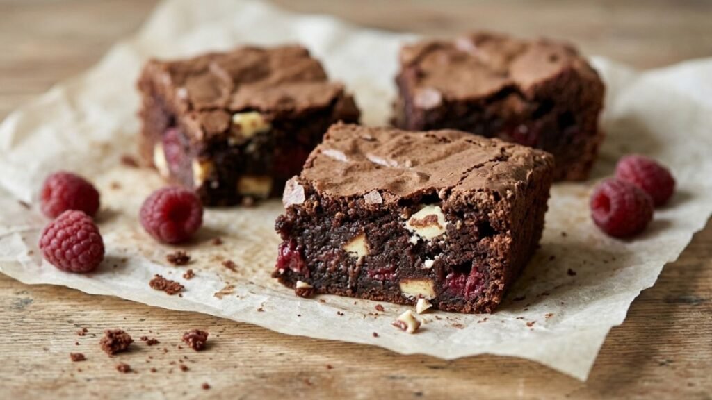 Cut white chocolate brownies with raspberries visible in their moist centres.