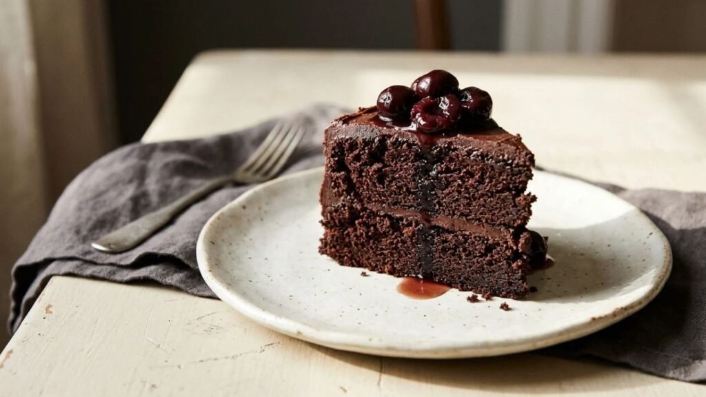 Slice of dark chocolate cake topped with dark red cherry compote.