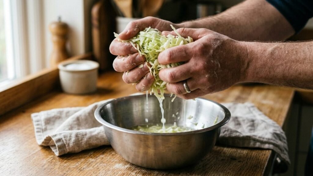 Hands squeezing chopped cabbage over a metal bowl to remove excess liquid.