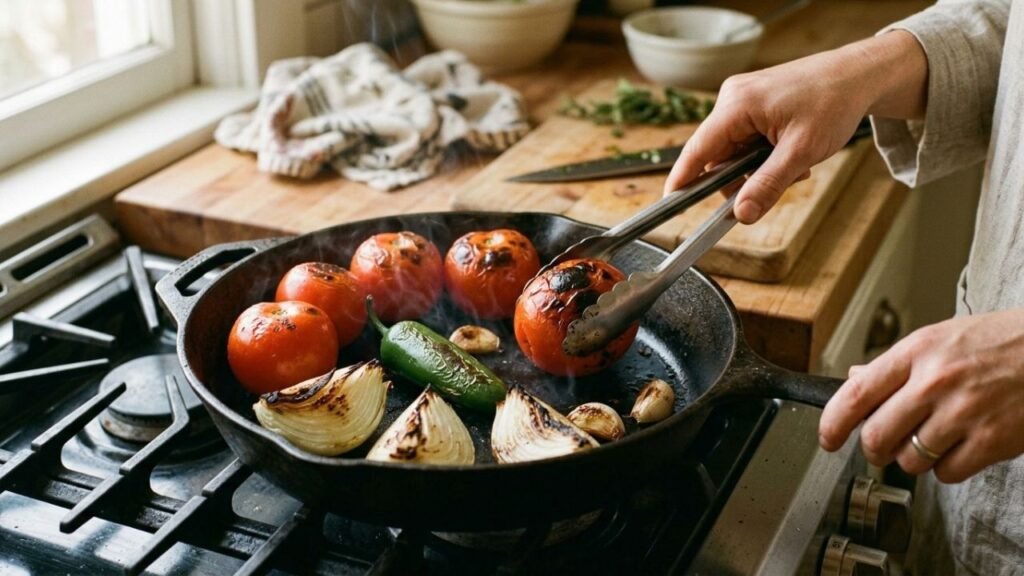 Tomatoes, jalapeño, onion and garlic developing char marks in a dry skillet.