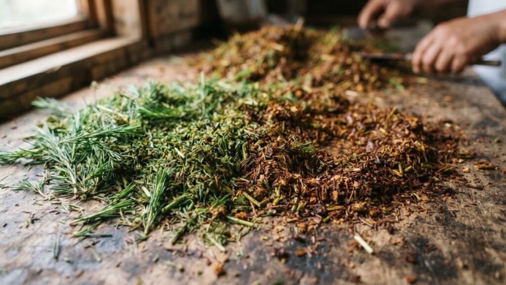 Green and reddish-brown rooibos plant material showing the visual difference created by processing.