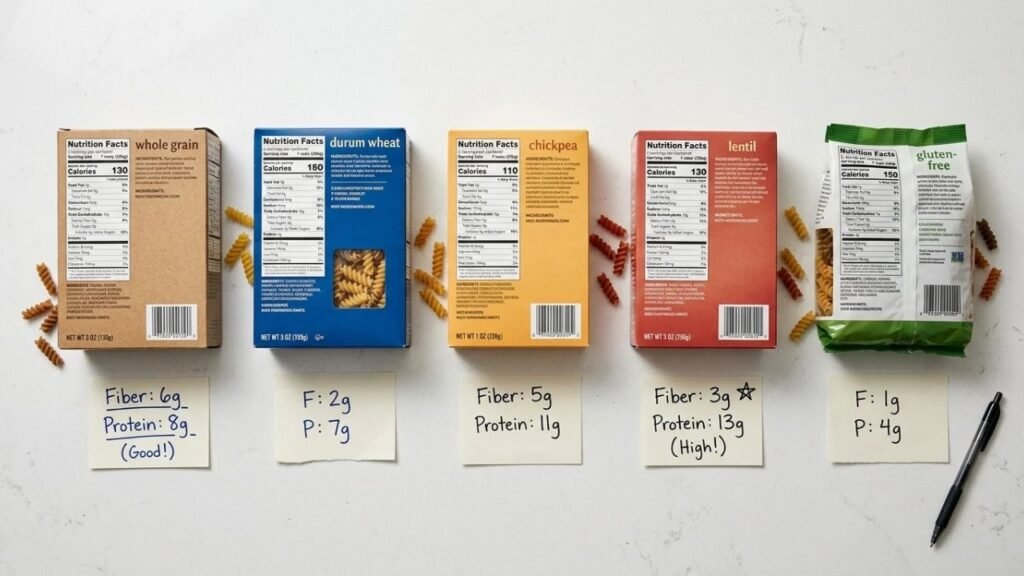 Five pasta samples arranged beside their product ingredient lists and nutrition panels.
