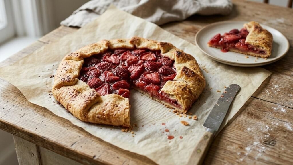 Rustic strawberry galette with folded golden pastry around sliced strawberries.