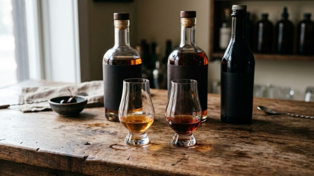 Rye whiskey and bourbon in small tasting glasses beside a bottle of sweet vermouth on an aged wooden bar.