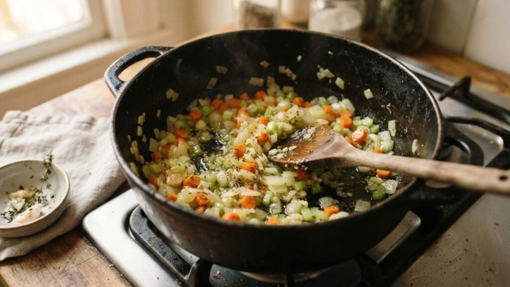 Chopped onion, carrot, and celery softening in oil in a large cooking pot.