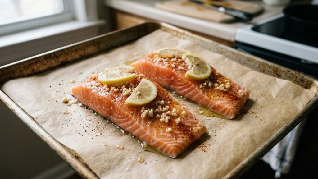 Raw salmon fillets coated with lemon juice, oil, and minced garlic on a parchment-lined baking tray.