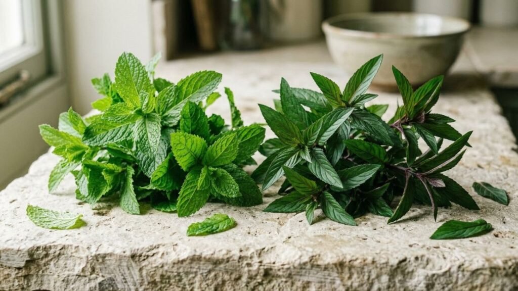 Fresh spearmint and peppermint leaves arranged separately for comparison.