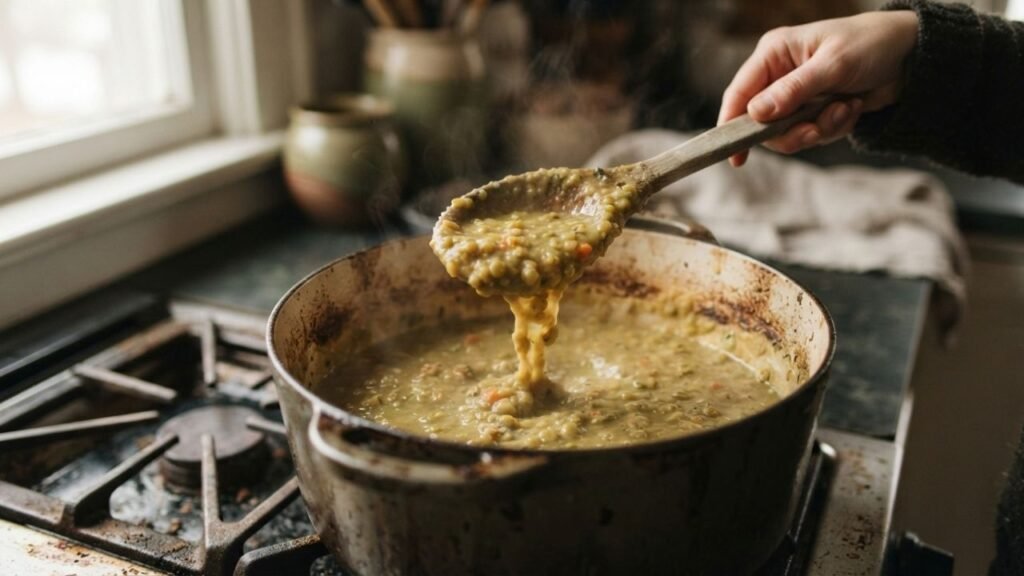Wooden spoon lifting thick green split pea soup from a simmering pot.