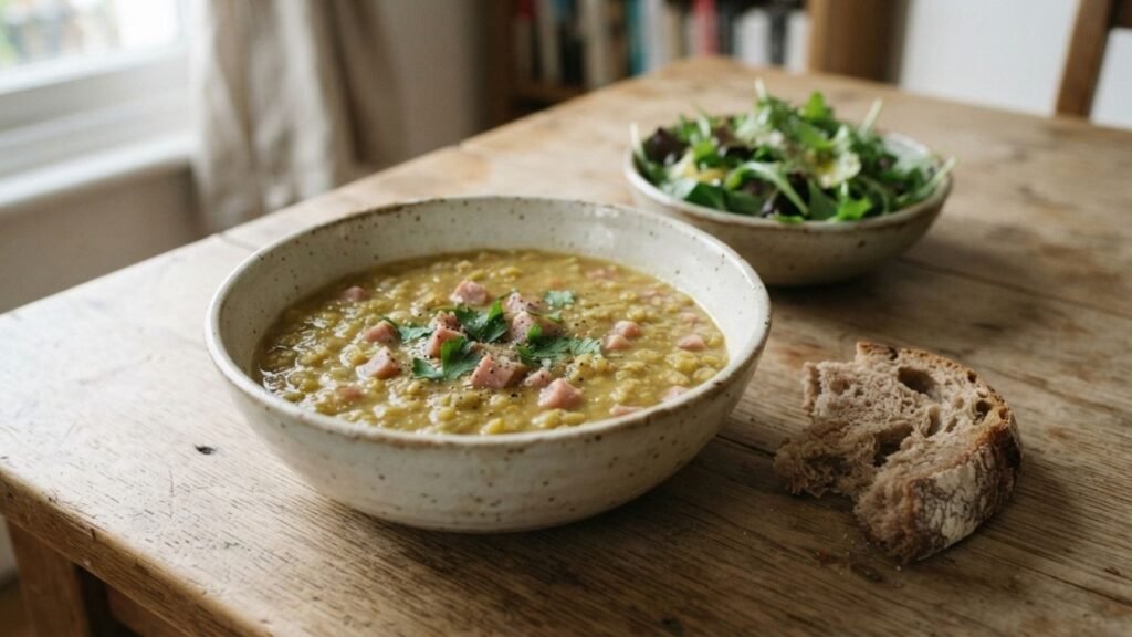 Bowl of split pea and ham soup served with crusty bread and a simple green salad.