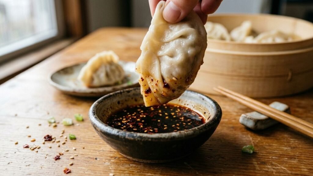 Steamed dumpling being dipped into a glossy soy and chili sauce.
